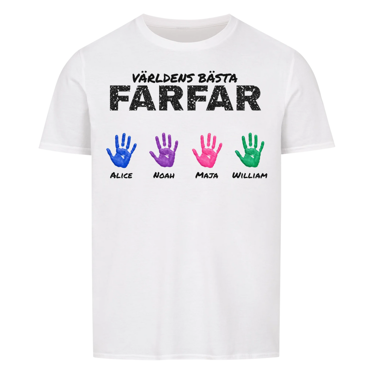 Världens bästa farfar t-shirt med barnbarnens handavtryck och namn. Present till farfar och morfar