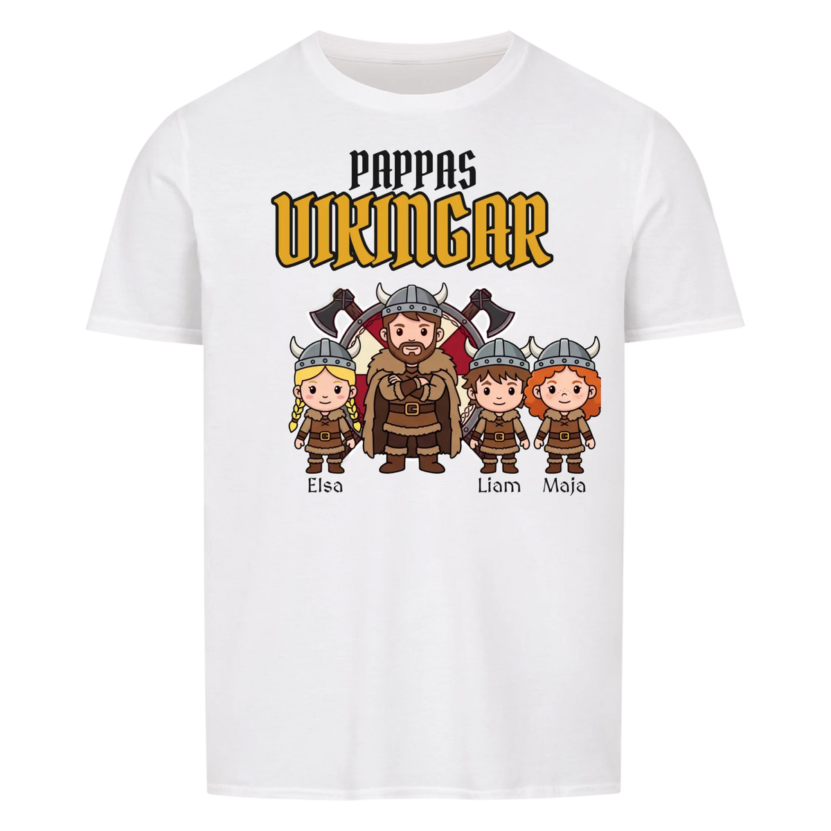 Pappas vikingar t-shirt med barnens namn och figurer. Present till pappa, farfar och morfar