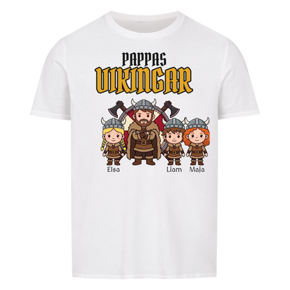 Pappas vikingar t-shirt med barnens namn och figurer. Present till pappa, farfar och morfar