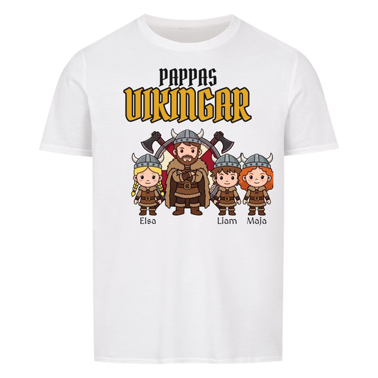 Pappas vikingar t-shirt med barnens namn och figurer. Present till pappa, farfar och morfar