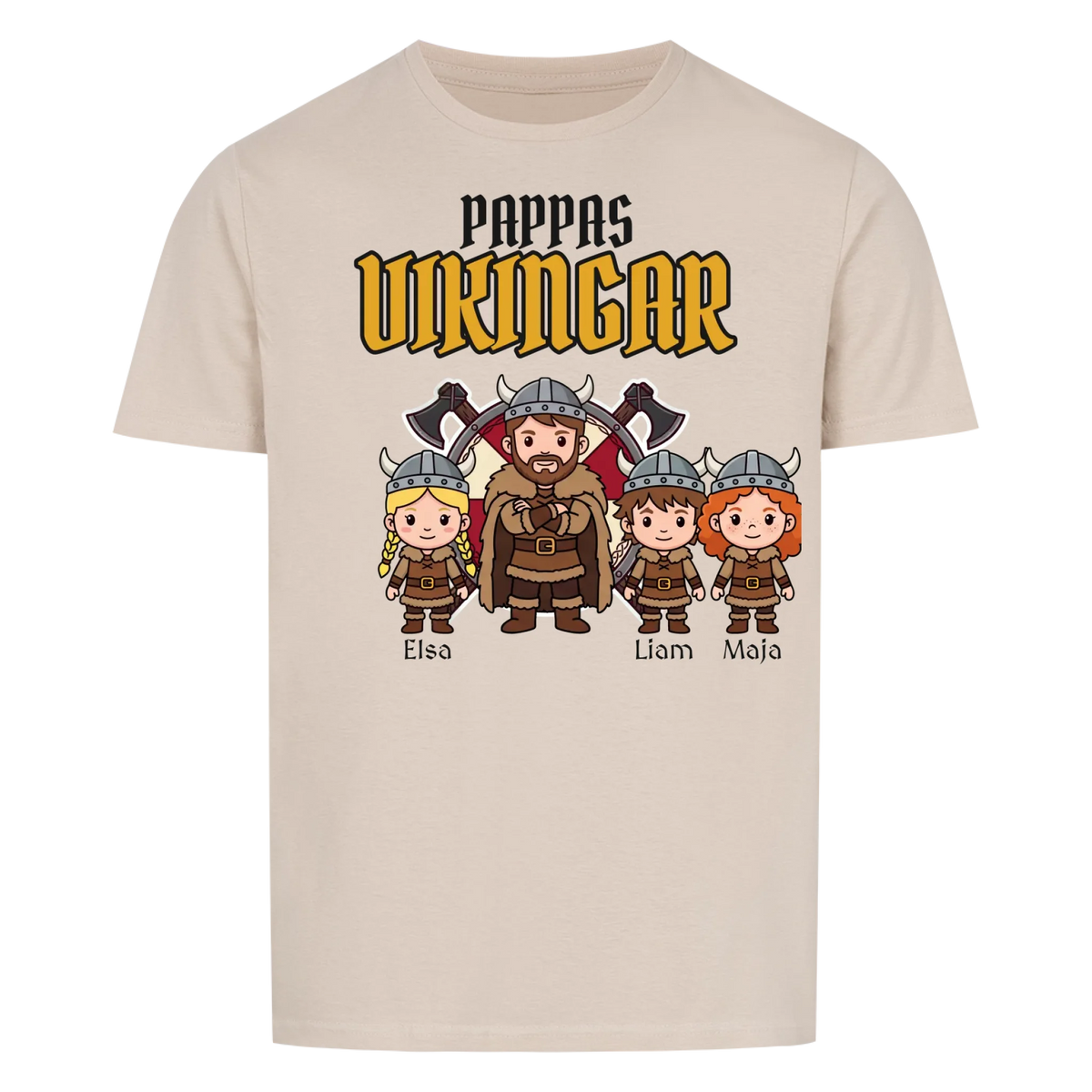 Pappas vikingar t-shirt med barnens namn och figurer. Present till pappa, farfar och morfar