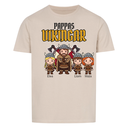 Pappas vikingar t-shirt med barnens namn och figurer. Present till pappa, farfar och morfar