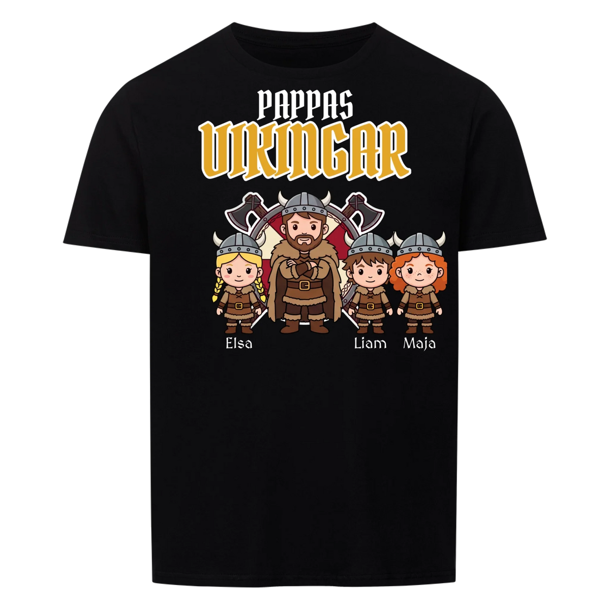 Pappas vikingar t-shirt med barnens namn och figurer. Present till pappa, farfar och morfar