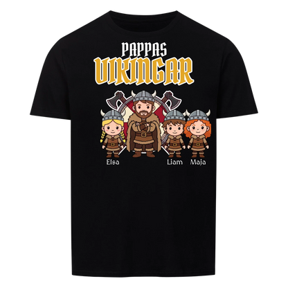 Pappas vikingar t-shirt med barnens namn och figurer. Present till pappa, farfar och morfar