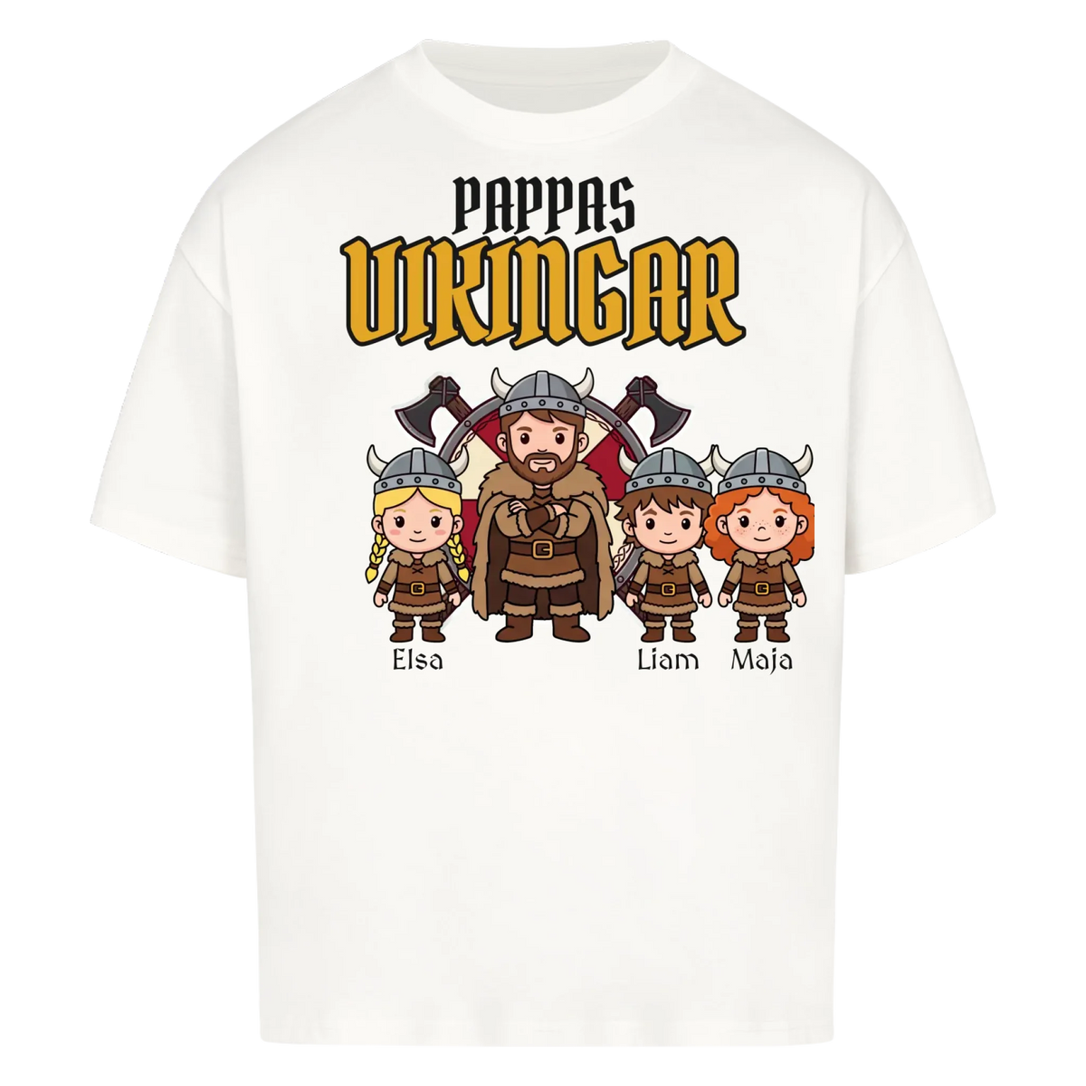 Pappas vikingar t-shirt med barnens namn och figurer. Present till pappa, farfar och morfar