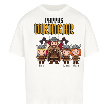 Pappas vikingar t-shirt med barnens namn och figurer. Present till pappa, farfar och morfar