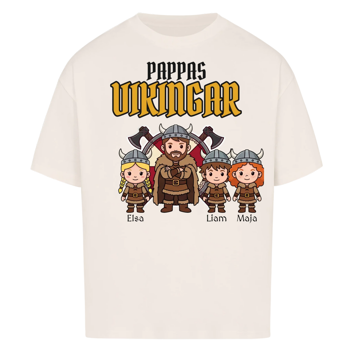 Pappas vikingar t-shirt med barnens namn och figurer. Present till pappa, farfar och morfar