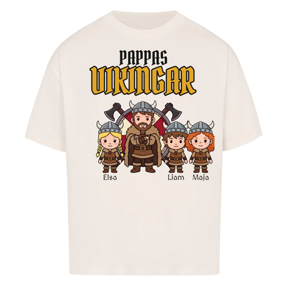 Pappas vikingar t-shirt med barnens namn och figurer. Present till pappa, farfar och morfar