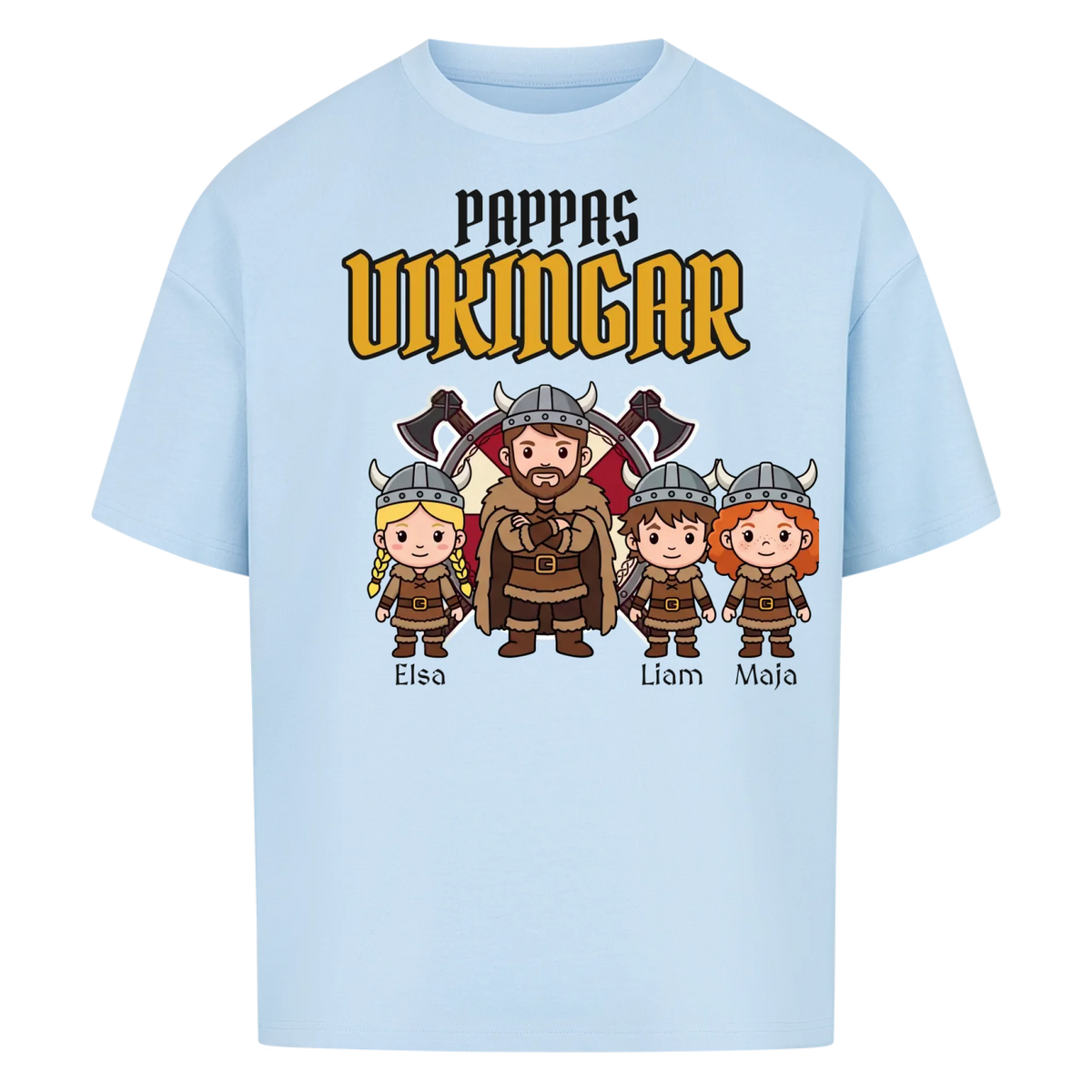 Pappas vikingar t-shirt med barnens namn och figurer. Present till pappa, farfar och morfar