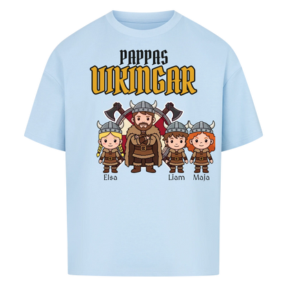Pappas vikingar t-shirt med barnens namn och figurer. Present till pappa, farfar och morfar