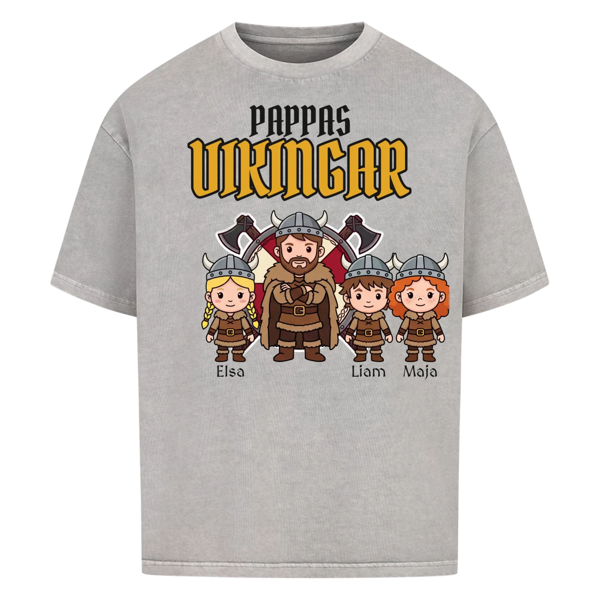 Pappas vikingar t-shirt med barnens namn och figurer. Present till pappa, farfar och morfar