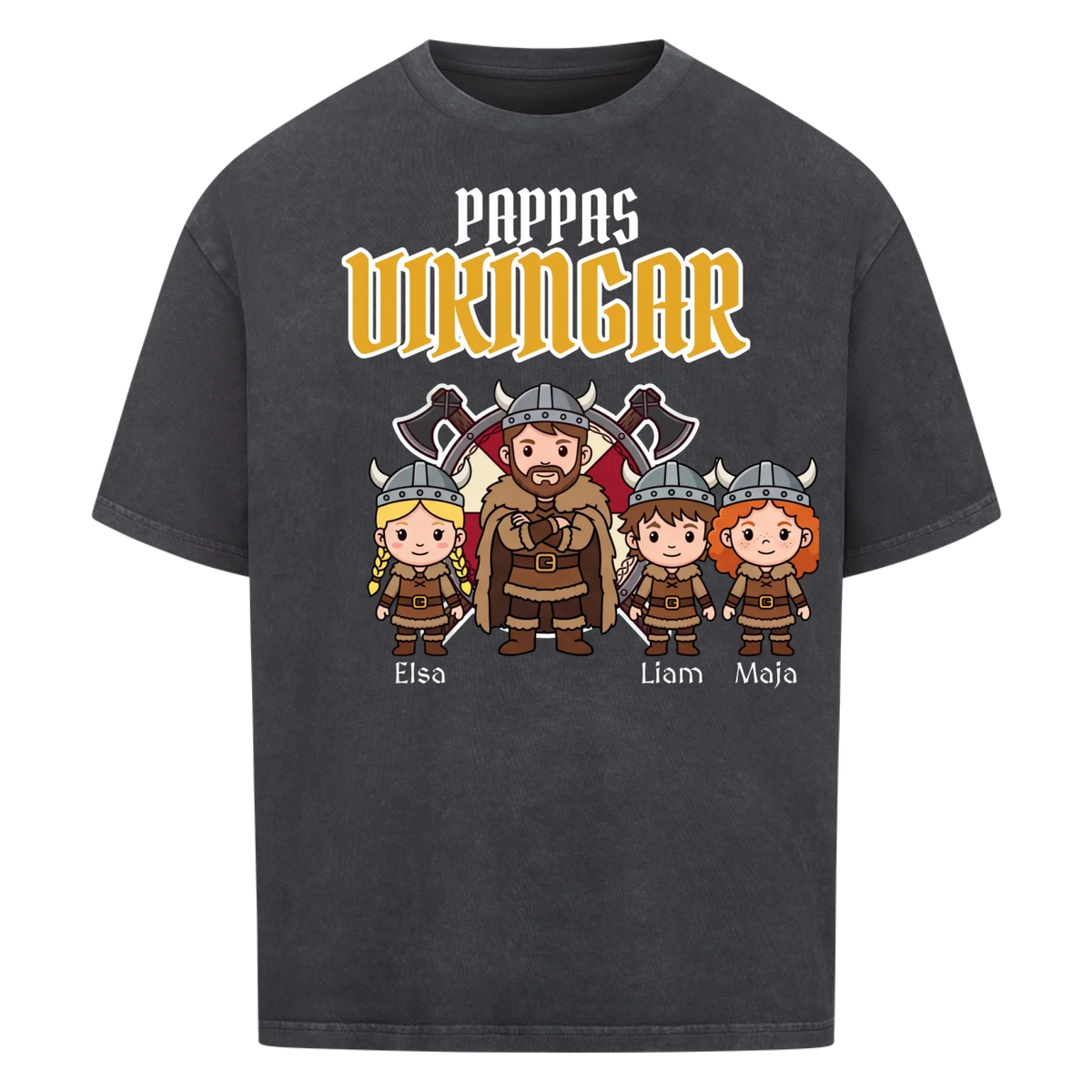 Pappas vikingar t-shirt med barnens namn och figurer. Present till pappa, farfar och morfar