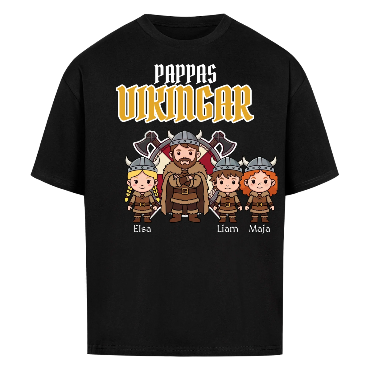 Pappas vikingar t-shirt med barnens namn och figurer. Present till pappa, farfar och morfar