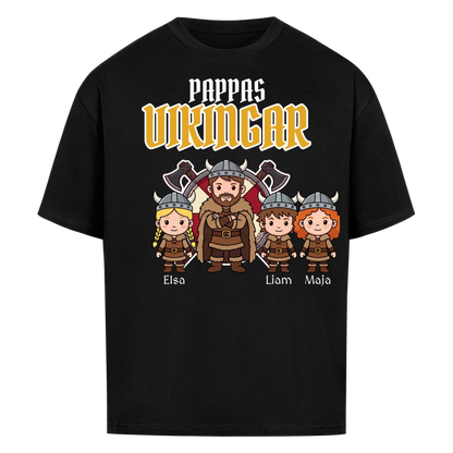 Pappas vikingar t-shirt med barnens namn och figurer. Present till pappa, farfar och morfar