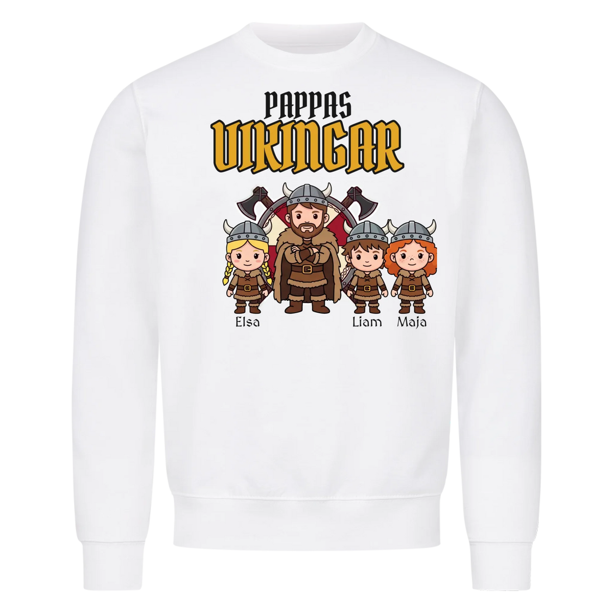 Pappas vikingar t-shirt med barnens namn och figurer. Present till pappa, farfar och morfar