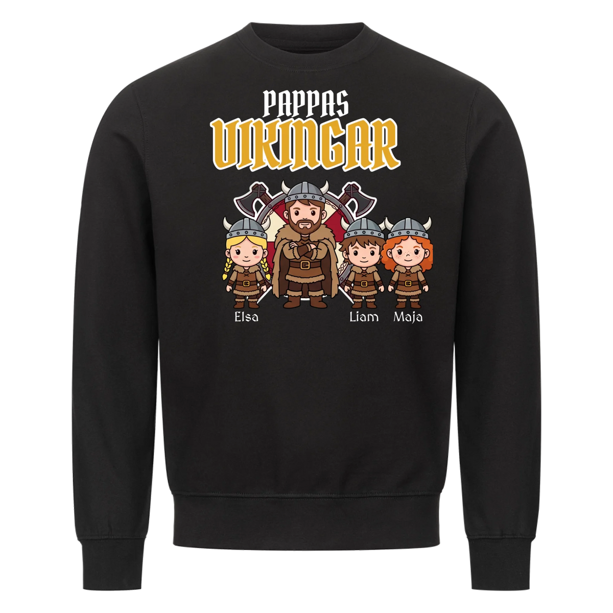 Pappas vikingar t-shirt med barnens namn och figurer. Present till pappa, farfar och morfar