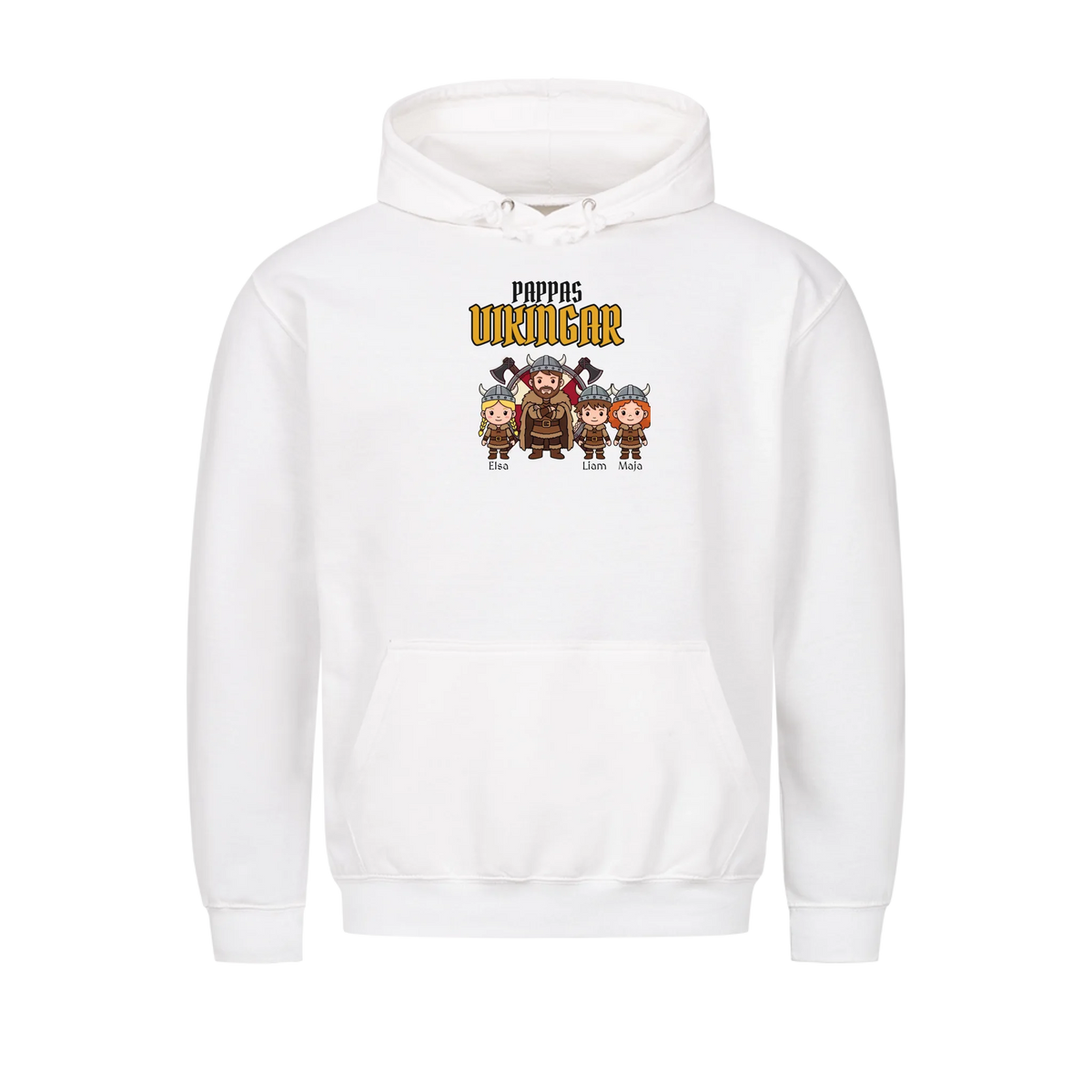 Pappas vikingar t-shirt med barnens namn och figurer. Present till pappa, farfar och morfar