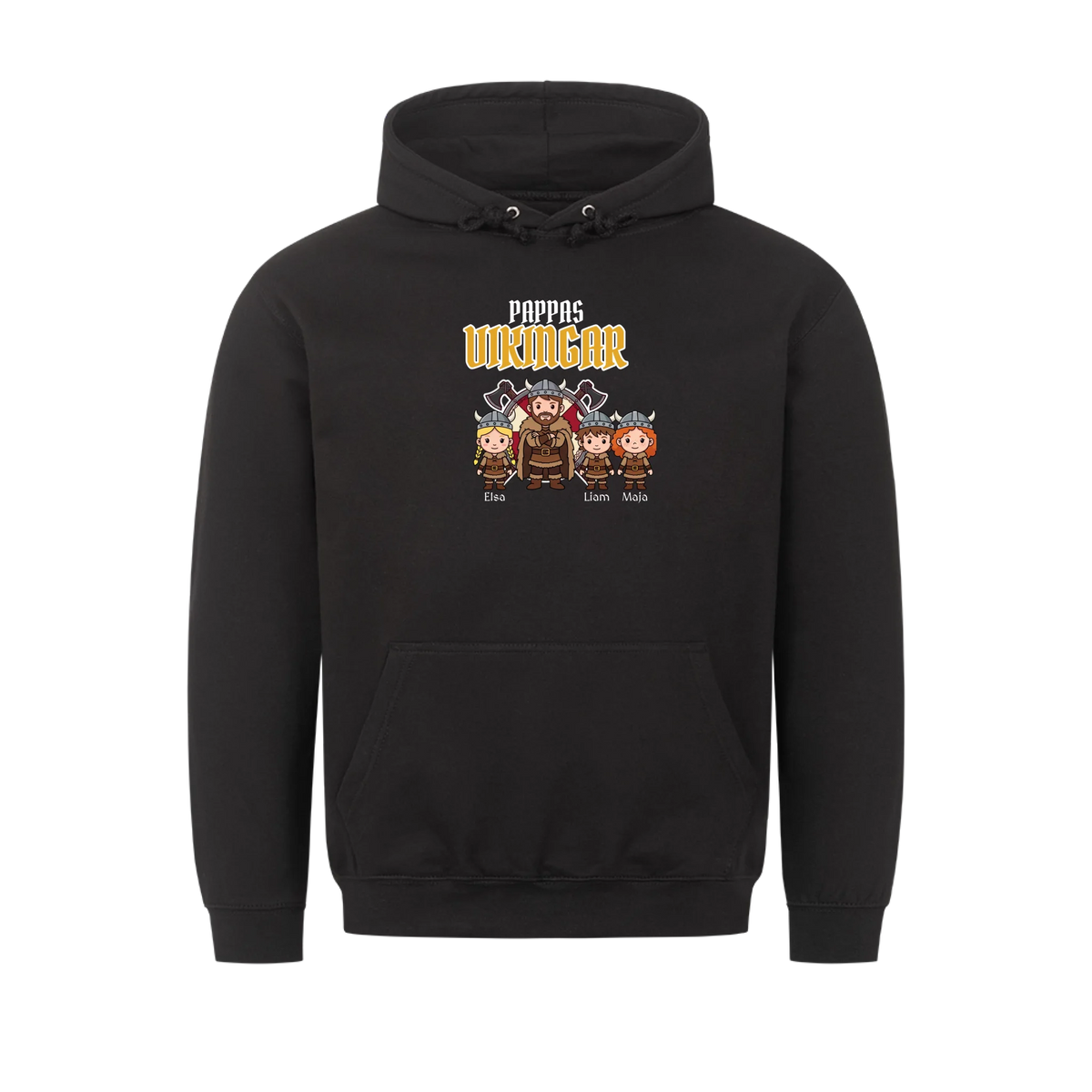 Pappas vikingar t-shirt med barnens namn och figurer. Present till pappa, farfar och morfar