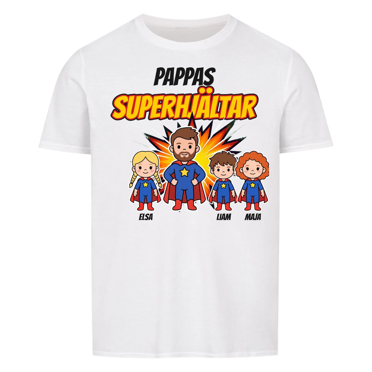 Pappas superhjältar t-shirt med barnens namn och figurer. Present till pappa, farfar och morfar