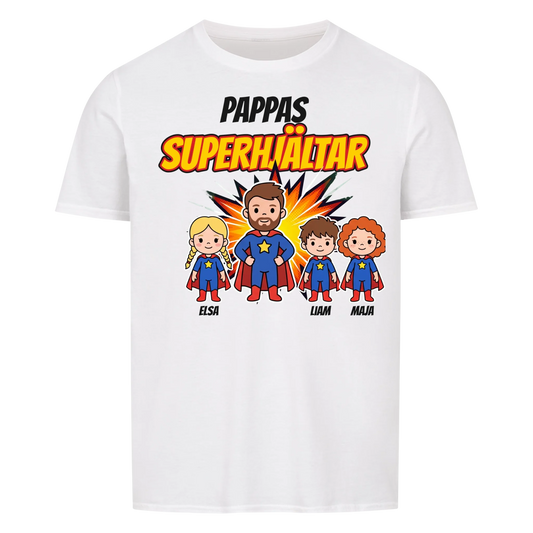Pappas superhjältar t-shirt med barnens namn och figurer. Present till pappa, farfar och morfar