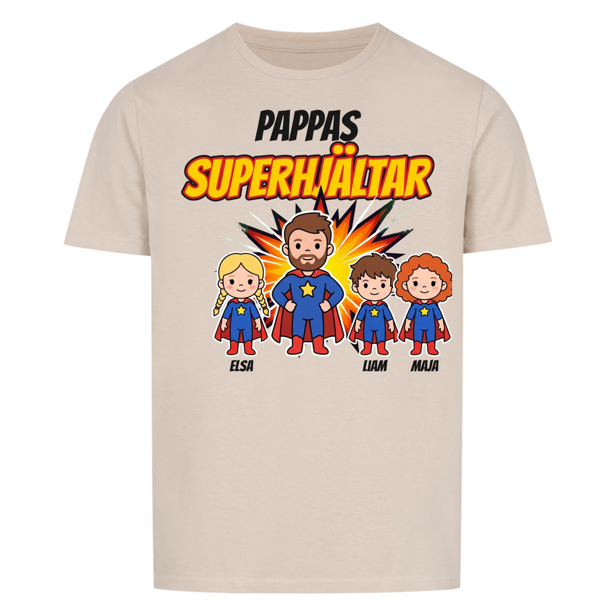 Pappas superhjältar t-shirt med barnens namn och figurer. Present till pappa, farfar och morfar
