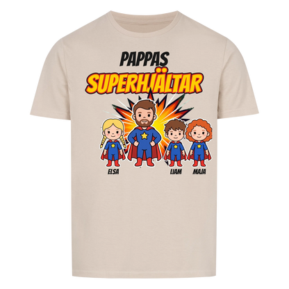 Pappas superhjältar t-shirt med barnens namn och figurer. Present till pappa, farfar och morfar