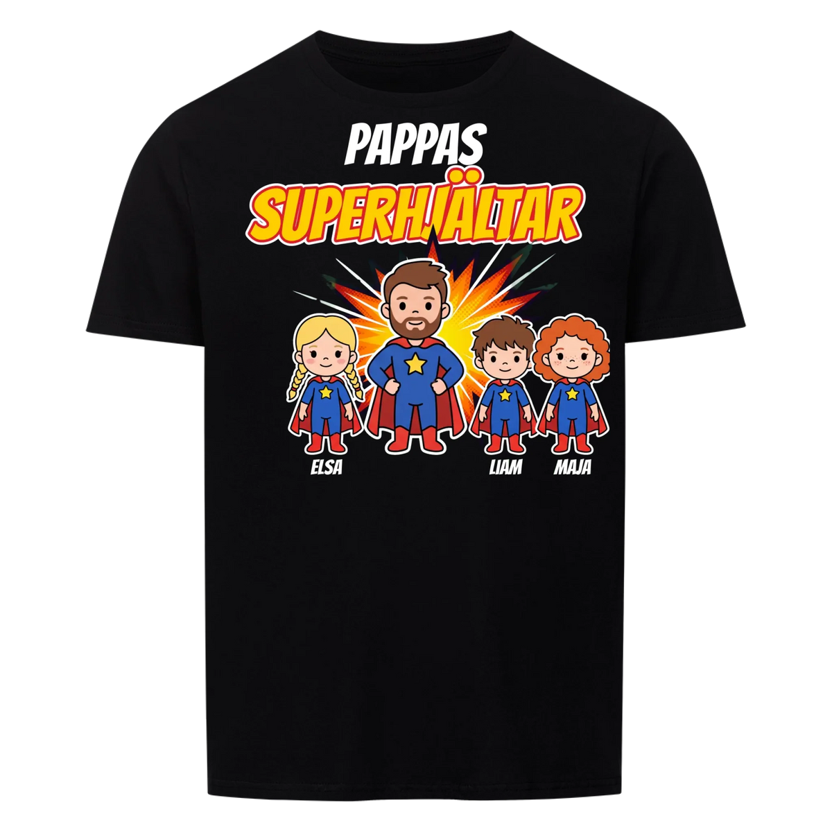 Pappas superhjältar t-shirt med barnens namn och figurer. Present till pappa, farfar och morfar