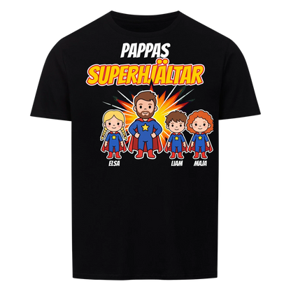 Pappas superhjältar t-shirt med barnens namn och figurer. Present till pappa, farfar och morfar