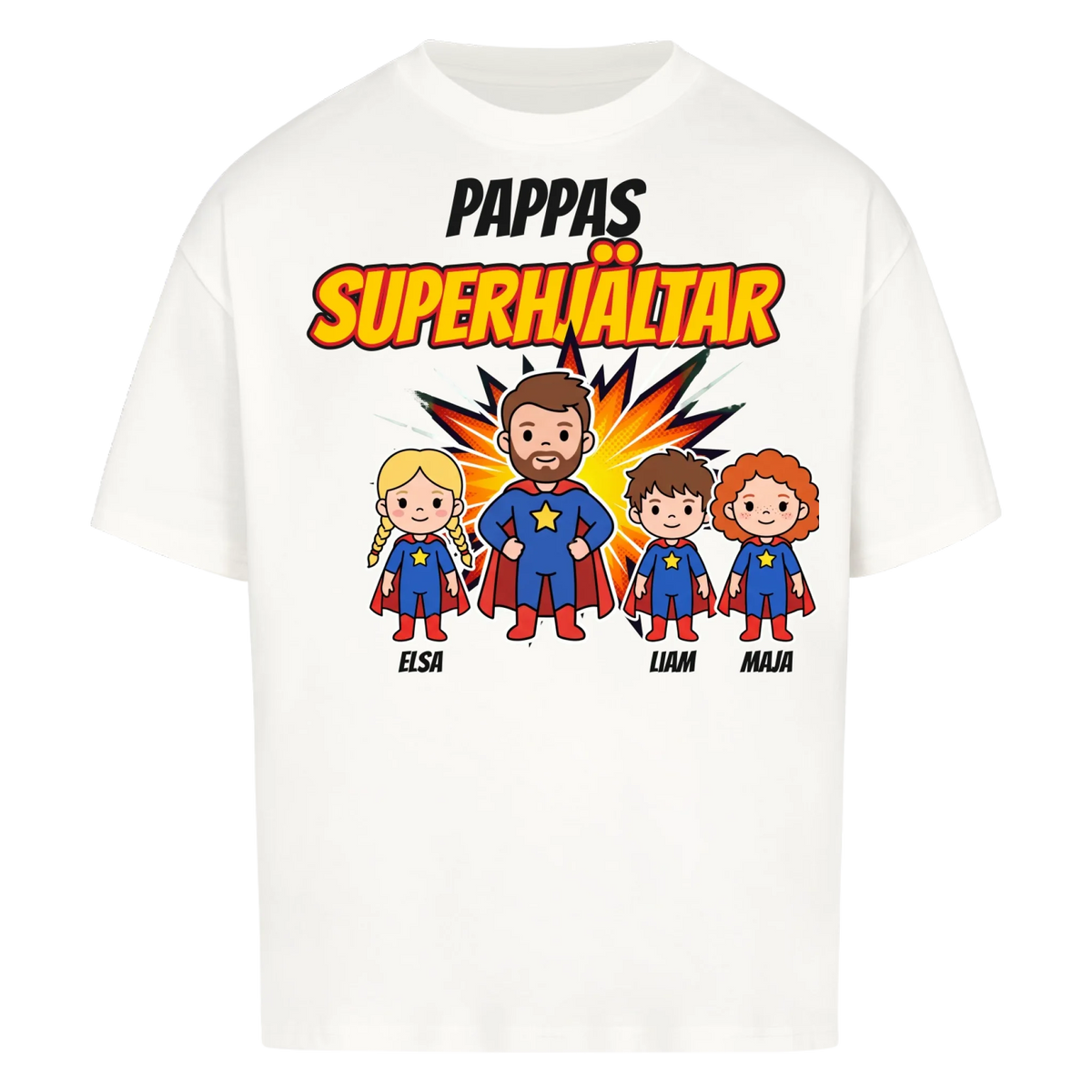 Pappas superhjältar t-shirt med barnens namn och figurer. Present till pappa, farfar och morfar