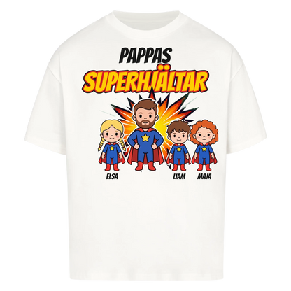 Pappas superhjältar t-shirt med barnens namn och figurer. Present till pappa, farfar och morfar