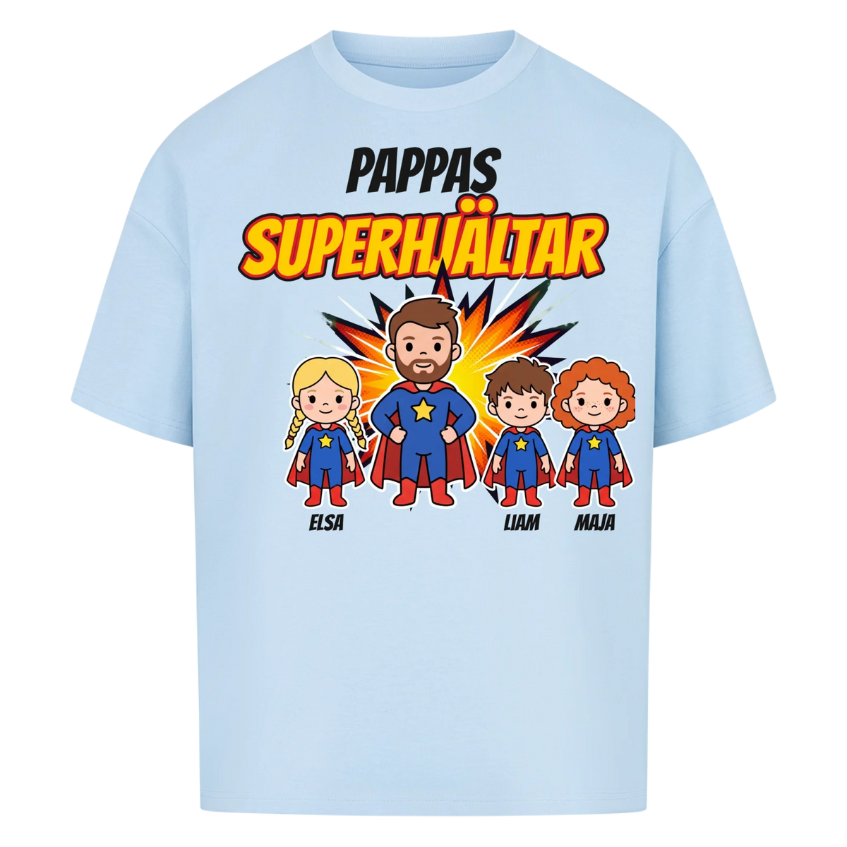 Pappas superhjältar t-shirt med barnens namn och figurer. Present till pappa, farfar och morfar