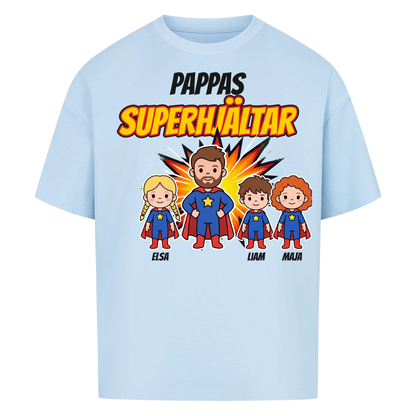 Pappas superhjältar t-shirt med barnens namn och figurer. Present till pappa, farfar och morfar