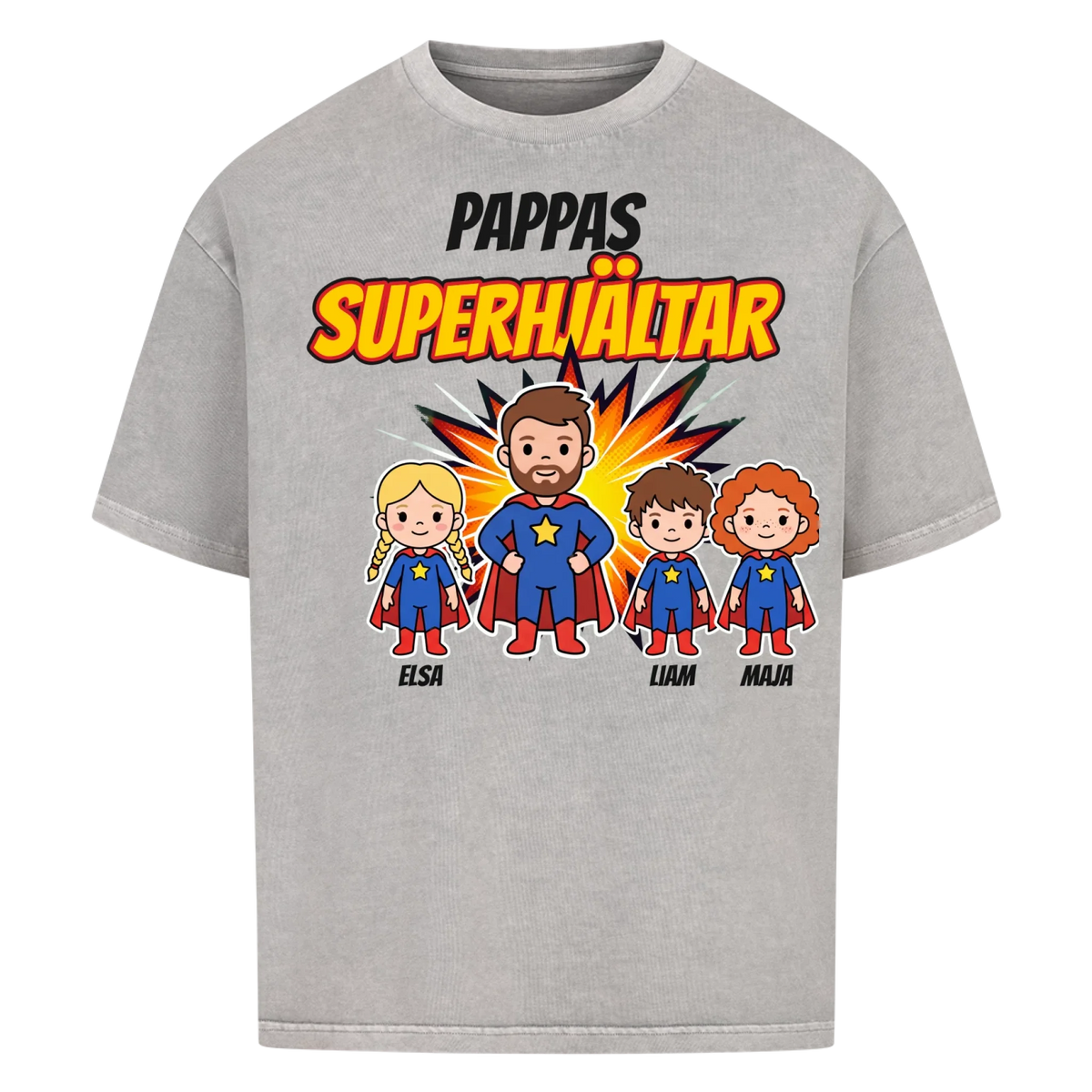 Pappas superhjältar t-shirt med barnens namn och figurer. Present till pappa, farfar och morfar