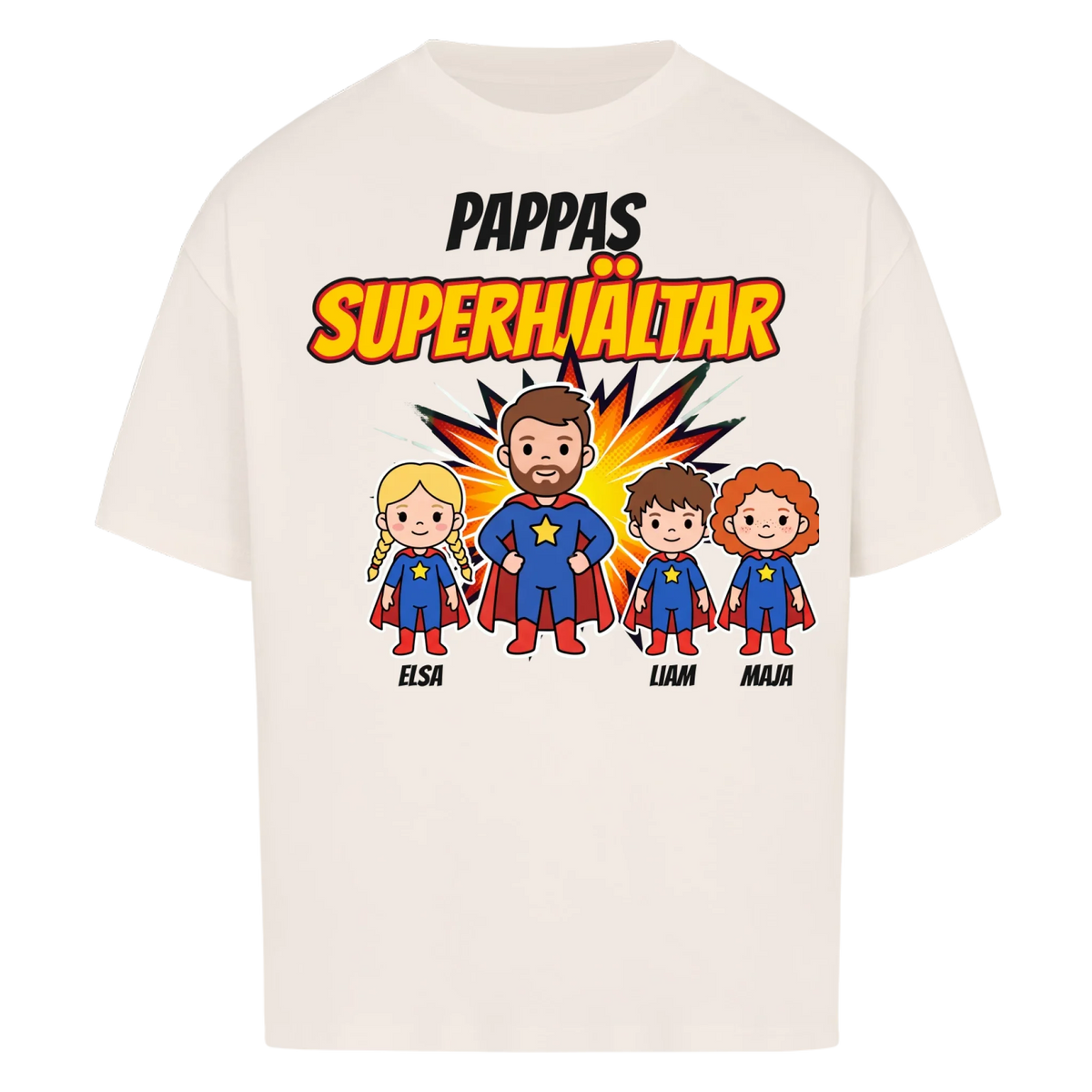 Pappas superhjältar t-shirt med barnens namn och figurer. Present till pappa, farfar och morfar