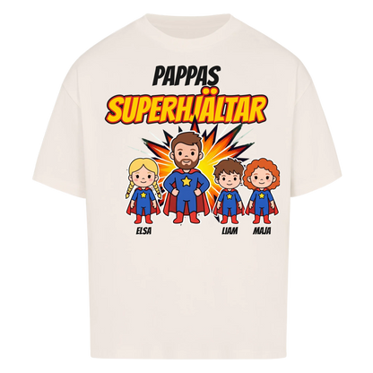 Pappas superhjältar t-shirt med barnens namn och figurer. Present till pappa, farfar och morfar