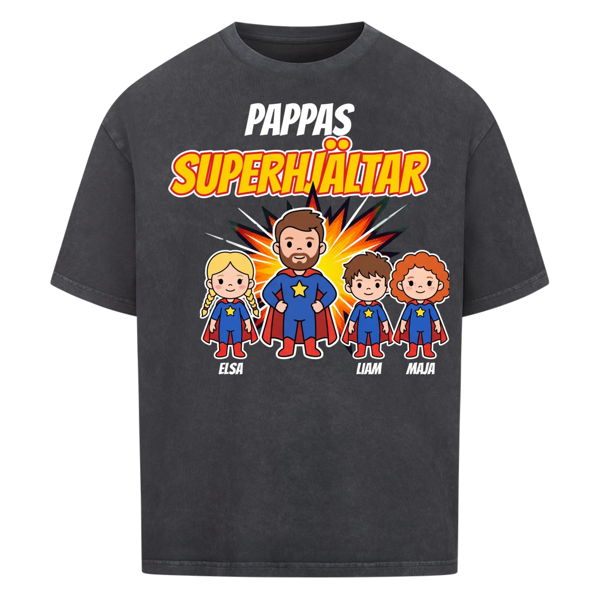 Pappas superhjältar t-shirt med barnens namn och figurer. Present till pappa, farfar och morfar