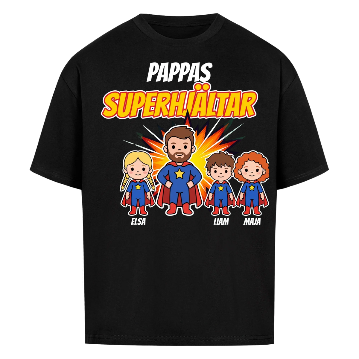 Pappas superhjältar t-shirt med barnens namn och figurer. Present till pappa, farfar och morfar