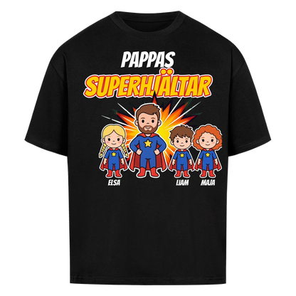 Pappas superhjältar t-shirt med barnens namn och figurer. Present till pappa, farfar och morfar