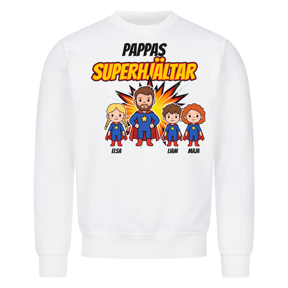 Pappas superhjältar t-shirt med barnens namn och figurer. Present till pappa, farfar och morfar