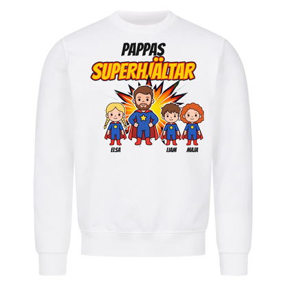 Pappas superhjältar t-shirt med barnens namn och figurer. Present till pappa, farfar och morfar