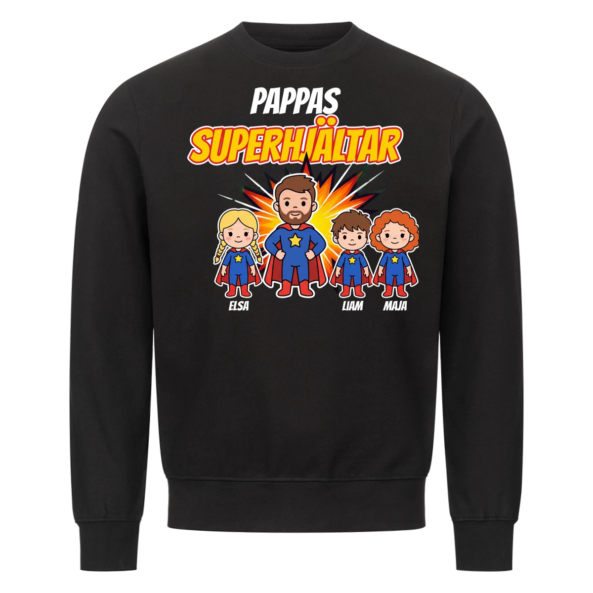 Pappas superhjältar t-shirt med barnens namn och figurer. Present till pappa, farfar och morfar