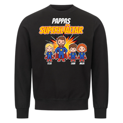 Pappas superhjältar t-shirt med barnens namn och figurer. Present till pappa, farfar och morfar