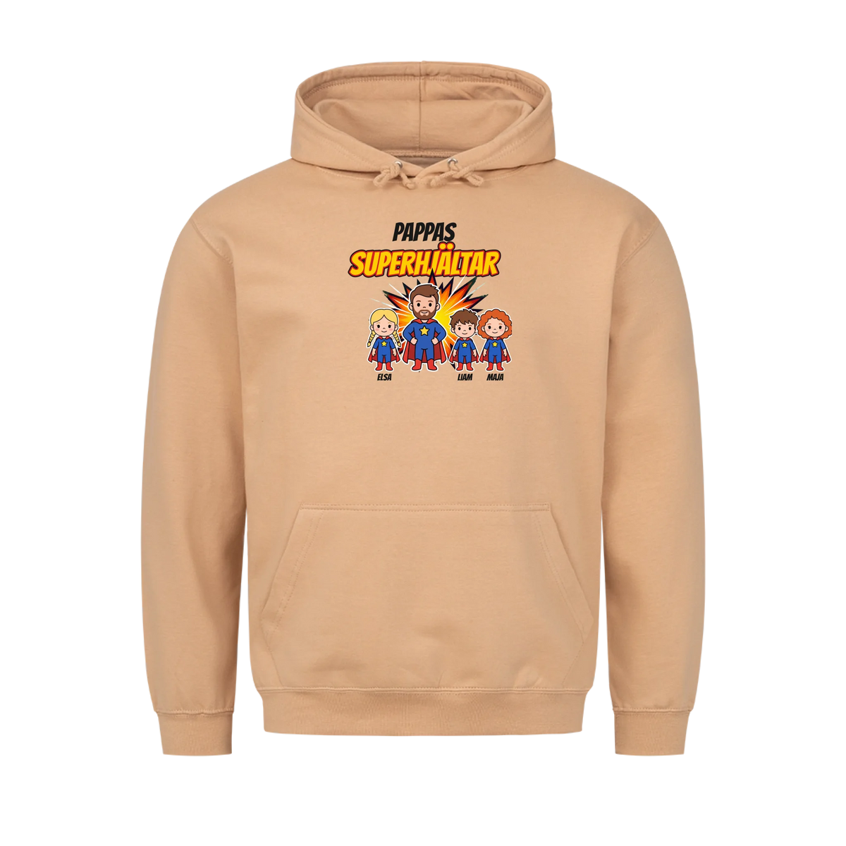 Pappas superhjältar t-shirt med barnens namn och figurer. Present till pappa, farfar och morfar