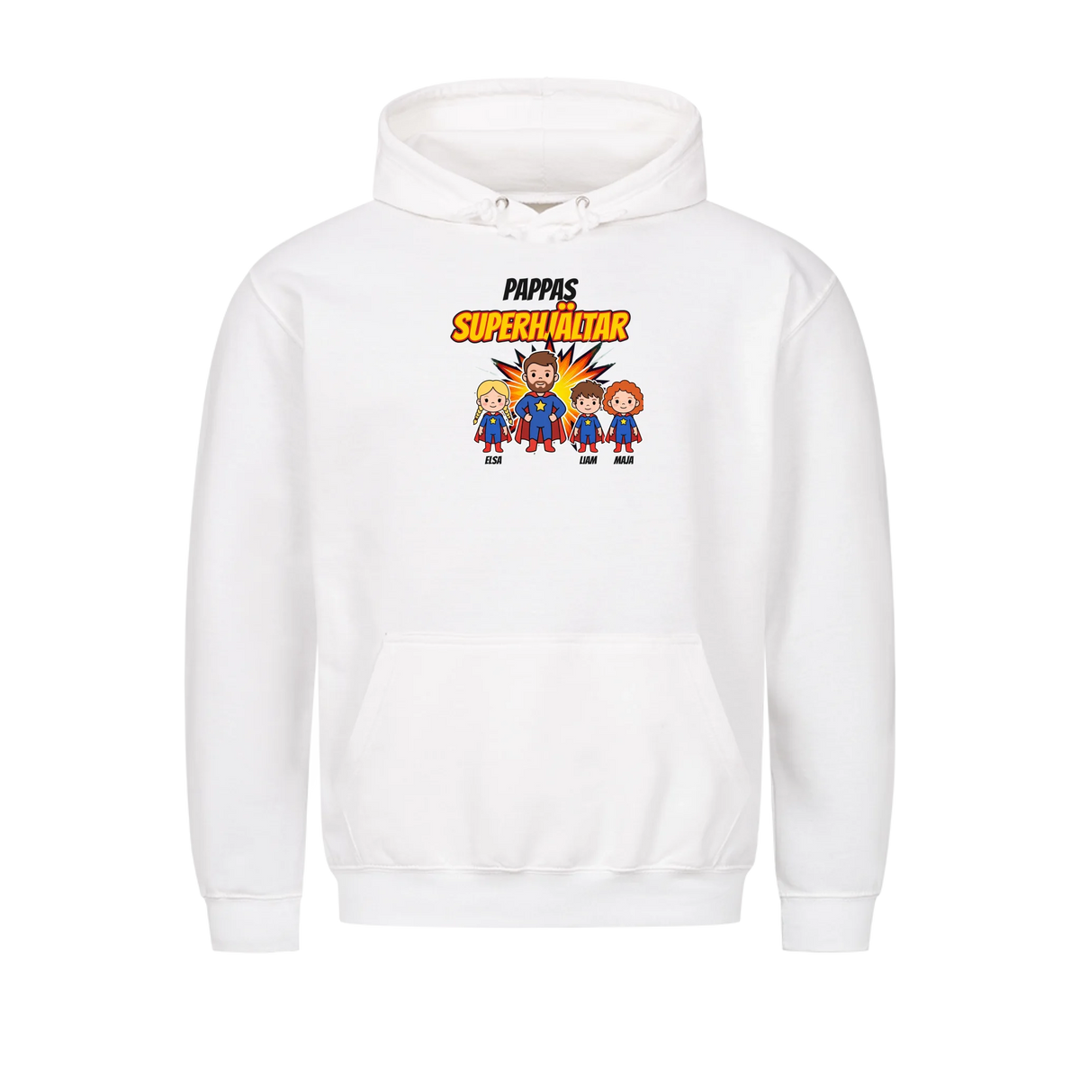 Pappas superhjältar t-shirt med barnens namn och figurer. Present till pappa, farfar och morfar