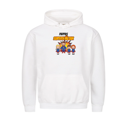Pappas superhjältar t-shirt med barnens namn och figurer. Present till pappa, farfar och morfar