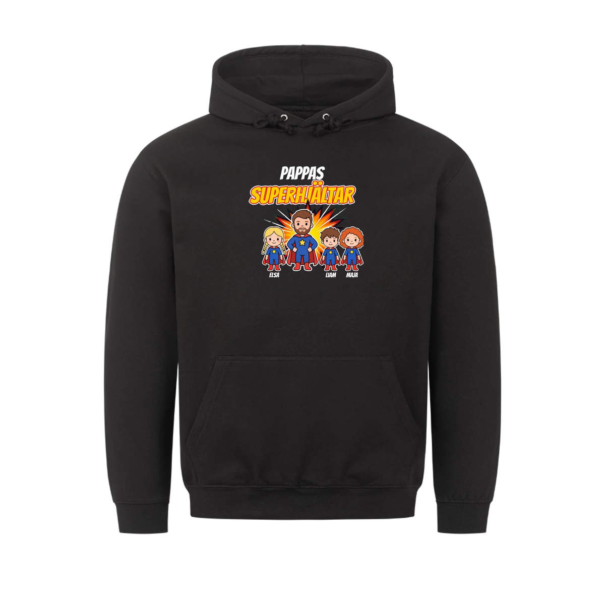 Pappas superhjältar t-shirt med barnens namn och figurer. Present till pappa, farfar och morfar