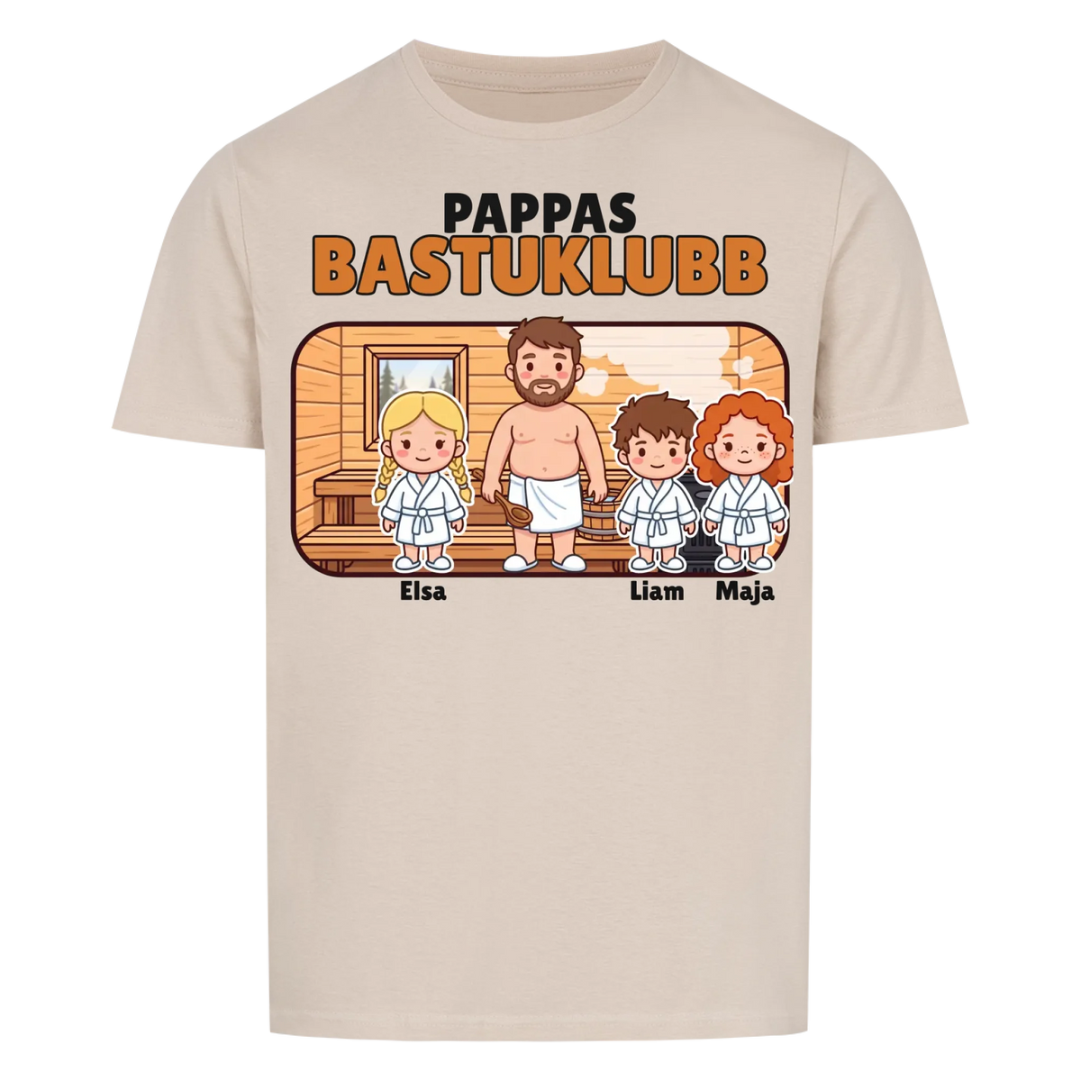 Pappas bastuklubb t-shirt med barnens namn och figurer. Present till pappa, farfar och morfar