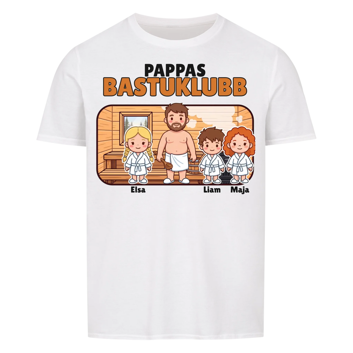 Pappas bastuklubb t-shirt med barnens namn och figurer. Present till pappa, farfar och morfar