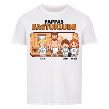 Pappas bastuklubb t-shirt med barnens namn och figurer. Present till pappa, farfar och morfar