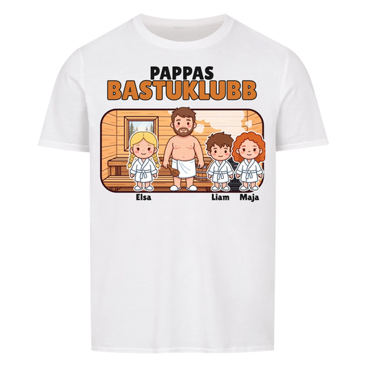 Pappas bastuklubb t-shirt med barnens namn och figurer. Present till pappa, farfar och morfar
